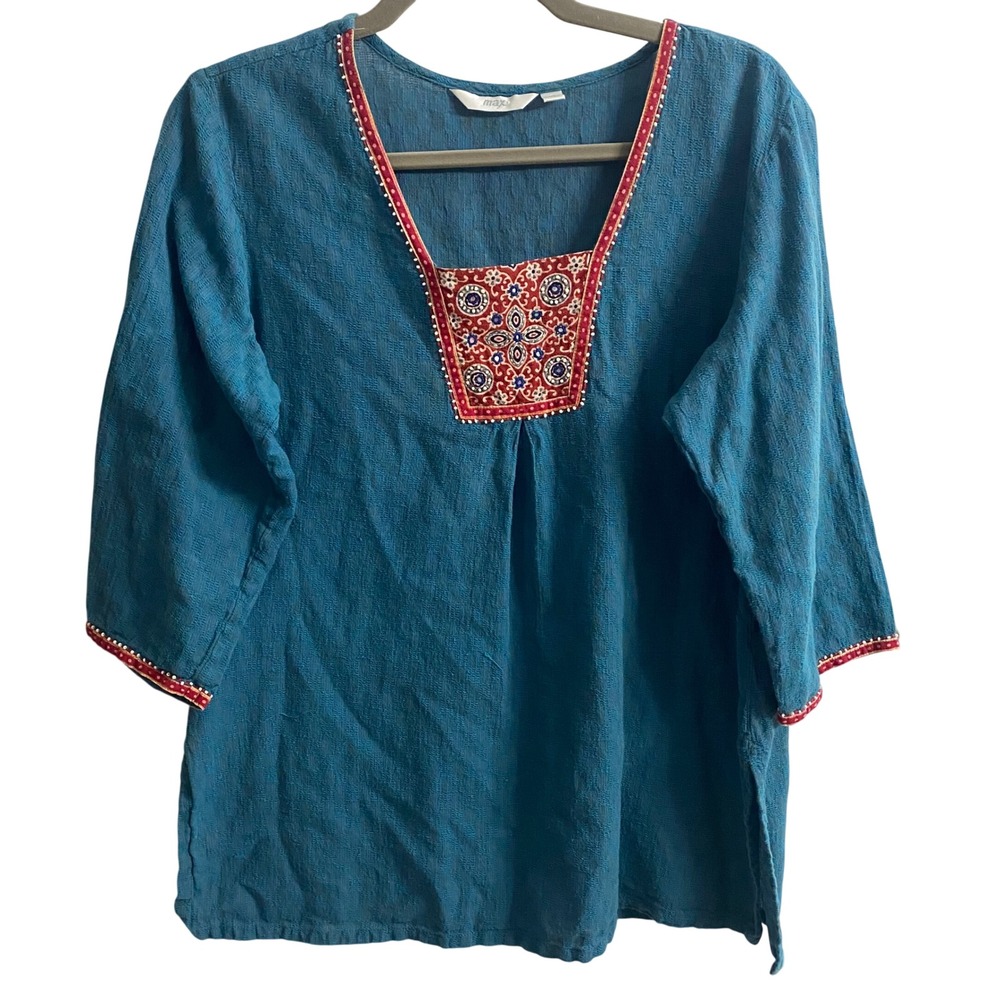Max Women Teal Blue Cotton Boho Tunic Top XL Embroidered Mirror Beaded India